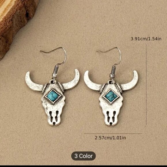 Earrings Western bull head turquoise dangle new e40 - Picture 2 of 2